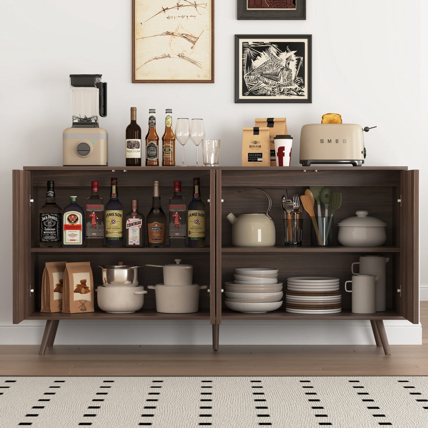 59.1" Sideboard Buffet Cabinet with Storage, 4 Door Credenza Cabinet with Adjustable Shelves, Wood Coffee Bar Console Cabinet for Kitchen Dining Room Living Room, Walnut