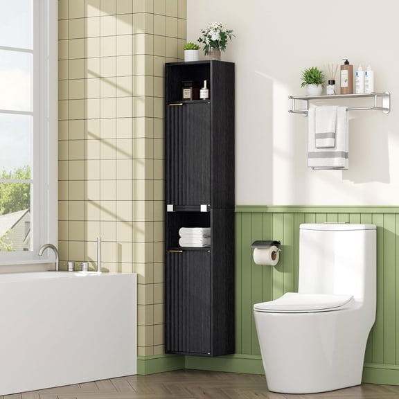 59.1" Tall Slim Bathroom Storage Cabinet Black | Freestanding or Wall Mounted Modular Cabinet, Fluted Panel Linen Tower with Adjustable Shelves for Small Spaces