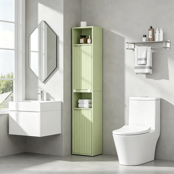 59.1" Tall Slim Bathroom Storage Cabinet, Green, Freestanding or Wall Mounted Modular Cabinet, Fluted Panel Linen Tower with Adjustable Shelves for Small Spaces