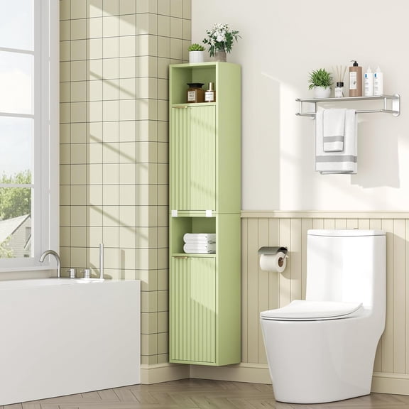 59.1" Tall Slim Bathroom Storage Cabinet Green | Freestanding or Wall Mounted Modular Cabinet, Fluted Panel Linen Tower with Adjustable Shelves for Small Spaces
