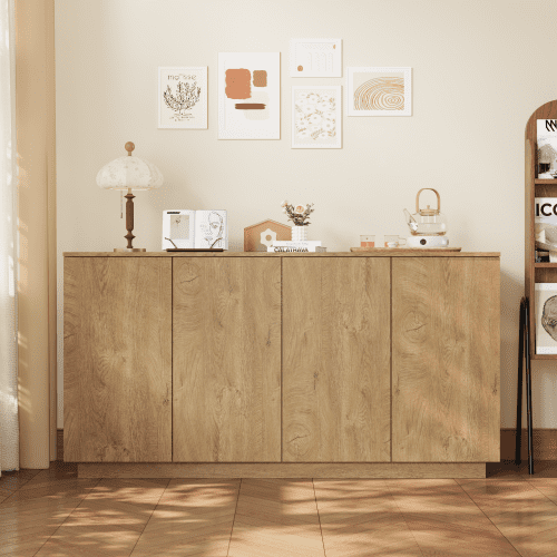 59.1" Wide Natural Wood 4-Door Sideboard Buffet Cabinet with Adjustable Shelves, Particle Board Storage Credenza Console Table for Dining Room, Kitchen, Living Room, Entryway
