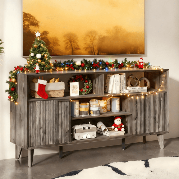 59.1 inch Fluted TV Stand with Storage Cabinets ,TV Console with Adjustable Shelves, Modern Entertainment Center for Living Room, Black and Grey