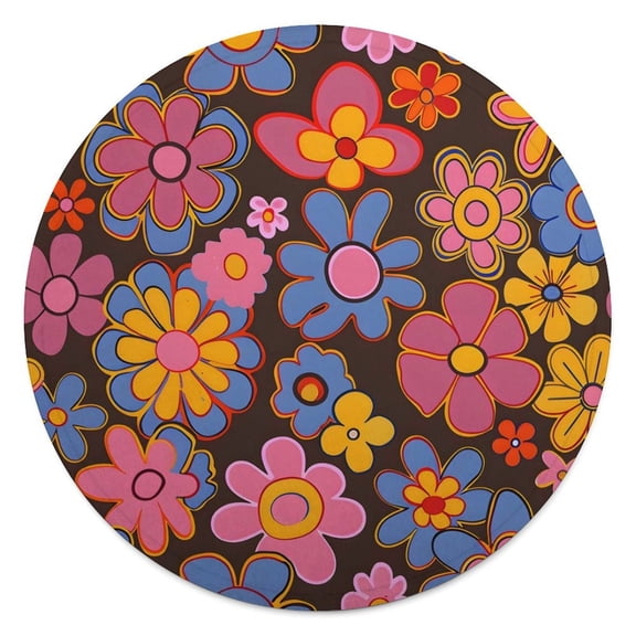 59.1in Round Blanket Light Weight Anti-Wrinkle Anti-Allergy Non-Shedding Large Blanket Multi-Purpose Retro Groovy Flowers Pattern (7)