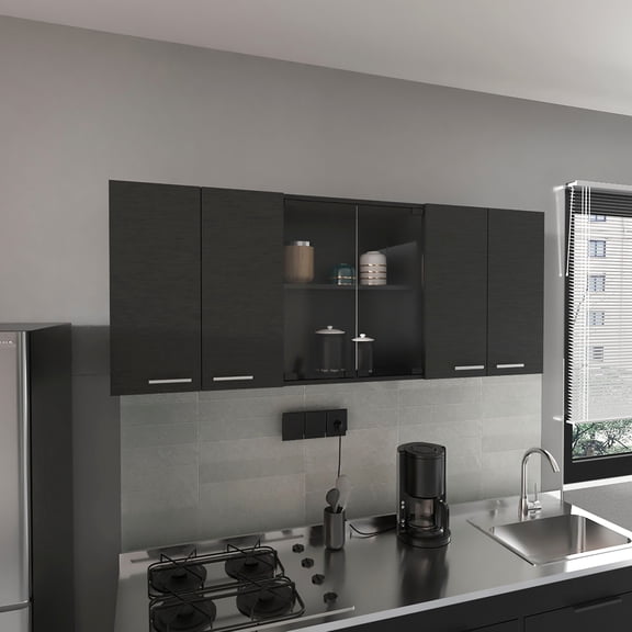 59.27-inch Wall Cabinet With Two Center Glass Doors In Striking Black Cabinet, 59-inch Good