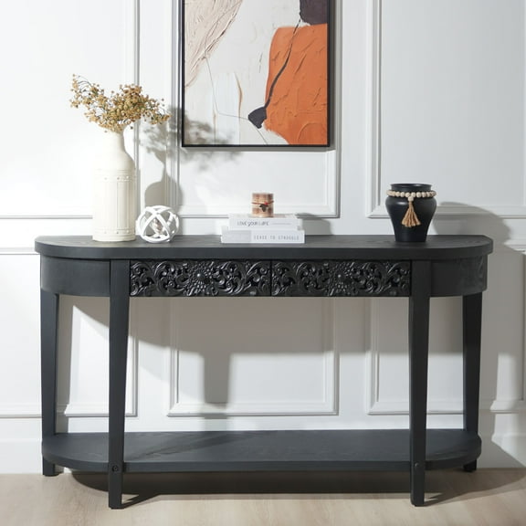 59.2in Black Carved Wooden Console Table with Lower Storage Shelf Tow Drawers Elegant Decorative Accent for Entryway, Living Room, and Hallway