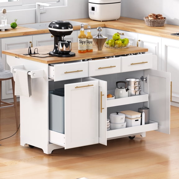 59.3" Kitchen Island with Storage 2 Pull Out Cabinet Organizers & Rubber Wood Drop Leaf, Rolling Kitchen Island with Trash Can Storage, Power Outlet, Spice & Towel Rack for Kitchen, Dining, White