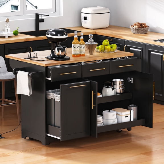 Chords Attic 59.3" Kitchen Island with Storage, Rubber Wood Drop Leaf, Rolling Kitchen Cart with Trash Can Storage, Power Outlet, Spice & Towel Rack