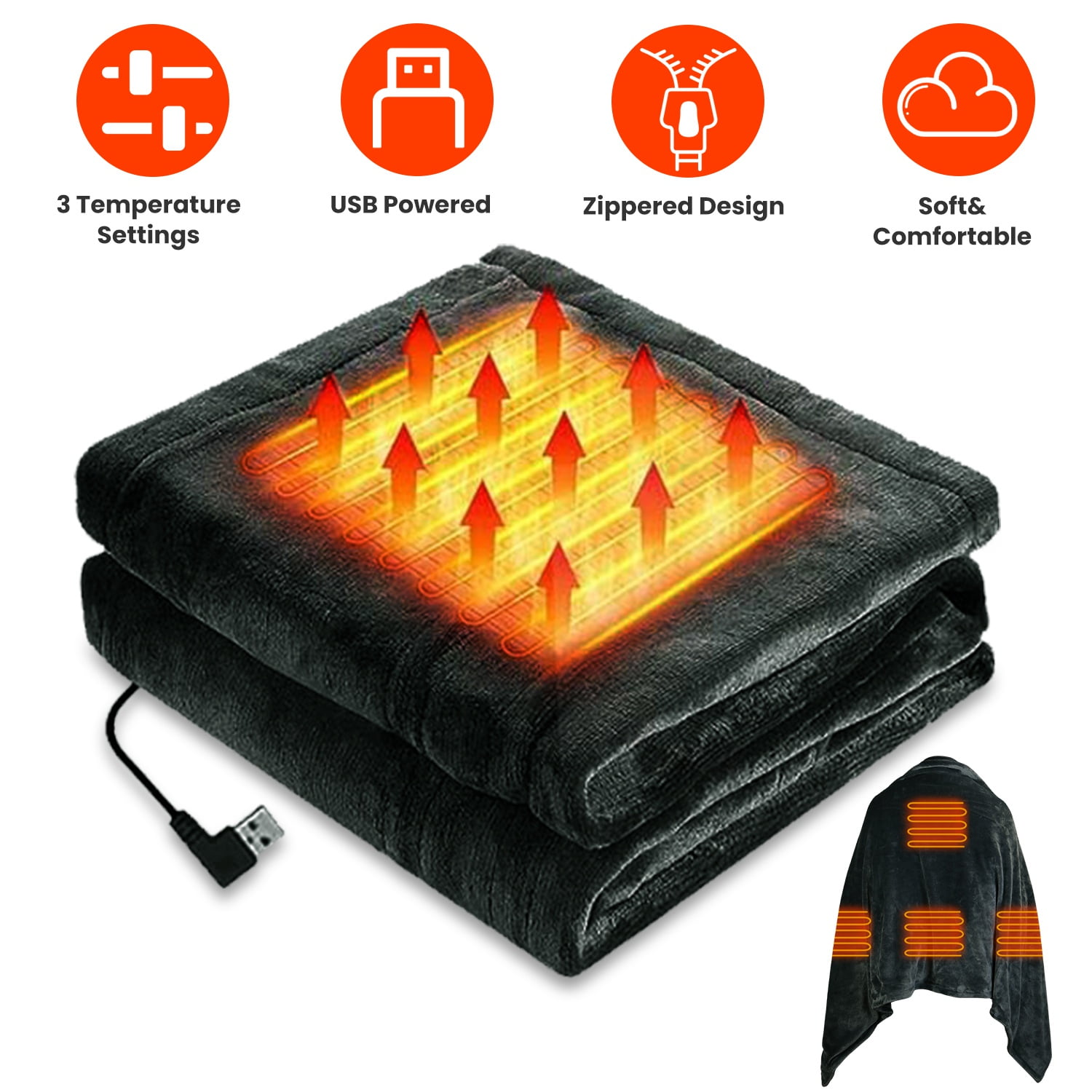 59*31in Electric USB Heated Blanket, Washable Heated Poncho Shawl Wrap Throw with Zipper