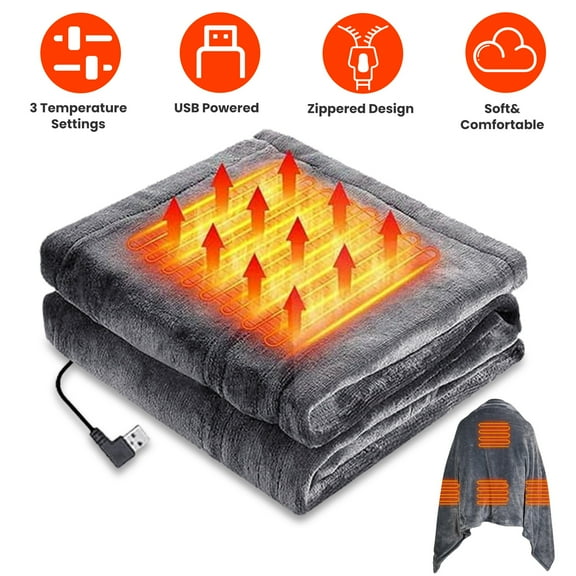 59*31in Home Office USB Electric Heated Blanket,Heated Poncho Shawl Wrap Throw w/ Zipper