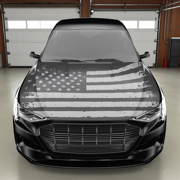 59*39 Inch Gray American Flag Car Hood Sticker Protector | Waterproof PVC Material, Universal Fit, Polished Surface, Patriotism Auto Flag, Automotive Exterior Accessories for Summer