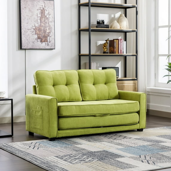 59.4" Loveseat Sofa with Pull-Out Bed, Chenille Fabric Fold Sofa Bed with Side Pocket, High Backrest and Double Cushion, Modern Upholstered Couch for Smaller Space, Living Room, Office, Green