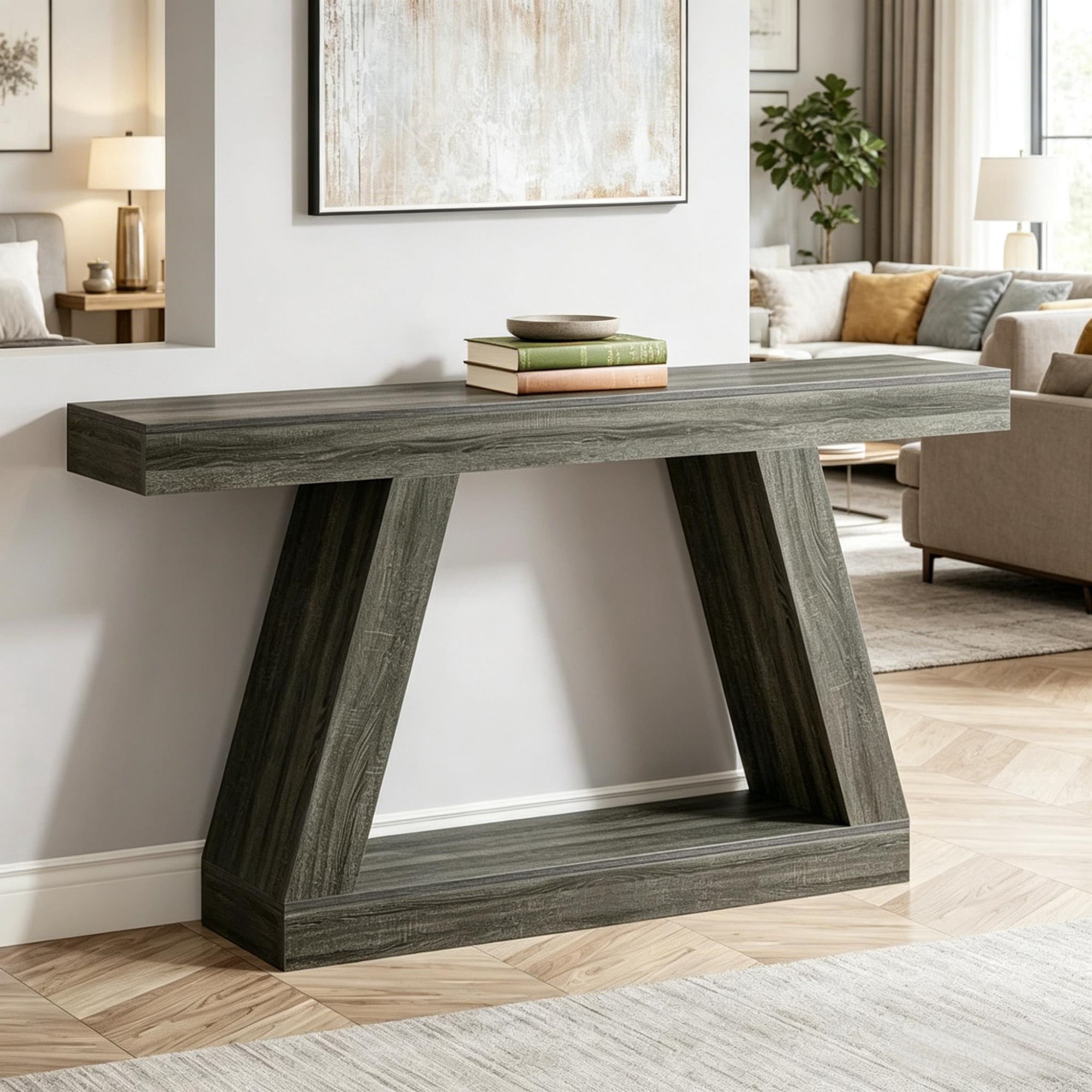 59.45 in MDF Console Table with Storage, Rustic Farmhouse Style, Supports up to 330 lb