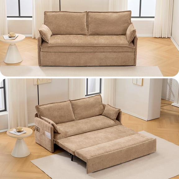 59.5" Pull-Out Sofa Bed with Pillows, USB Port & Storage Pockets for Small Spaces, 2-Seater