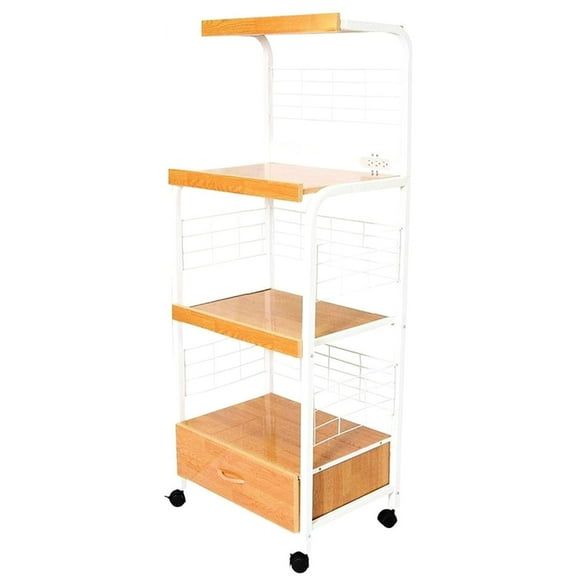 59.5" Tall Kitchen Cart With 3 Layers, Drawer And Electrical Outlet Junction, White Natural. Metal Made. Compressed Wood Platforms. Supports 70 Lbs Per Tier. Easy Assembly , Outlet. Natural Look.