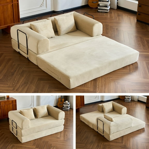 59" 5-in-1 Convertible Corduroy Sofa Bed, No-Assembly Boneless Loveseat Pull-Out Sleeper for Small Spaces(Beige)