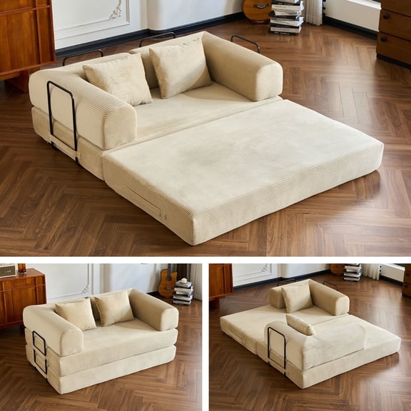 59" 5-in-1 Convertible Corduroy Sofa Bed, No-Assembly Boneless Loveseat Pull-Out Sleeper for Small Spaces(Beige)
