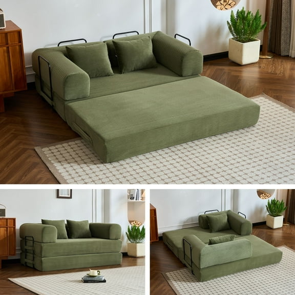 59" 5-in-1 Convertible Corduroy Sofa Bed, No-Assembly Boneless Loveseat Pull-Out Sleeper for Small Spaces(Green)