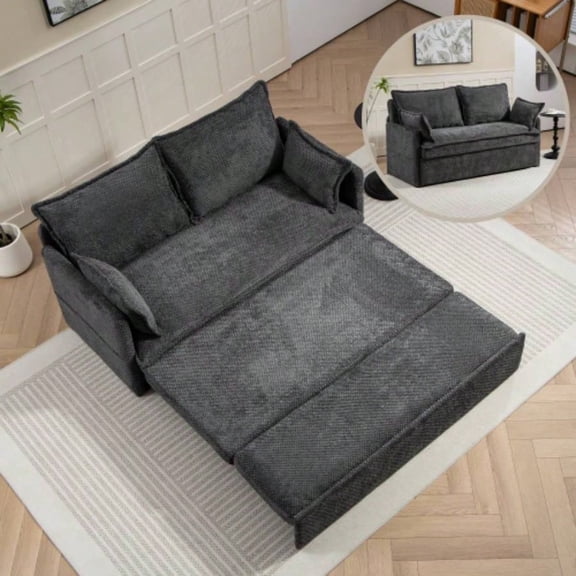 59.5 inch Sofa Bed with Storage Charging - Supportive Corduroy Convertible Sleeper, 800lb Capacity, Side Pockets/ Type - C Ports Living Room Small Spaces