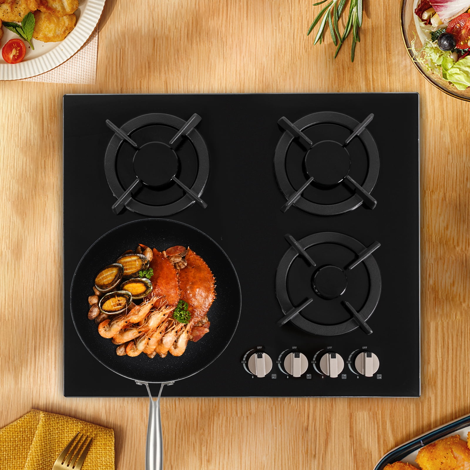 59*51cm 4-Burner NG Stove Built-in/Countertop Gas Stove NG/LPG Tempered Glass for Home Kitchens Restaurants Hotels