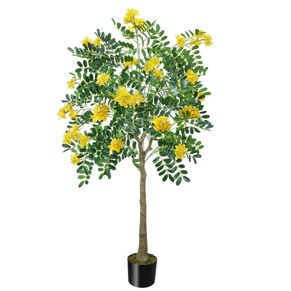 59"/5FT Artificial Trees for Home Decor Indoor, Tall Fake Plants Artificial Yellow Sophora Flower Silk Tree Suitable for Home Room Bedroom Office Porch Decoration C80