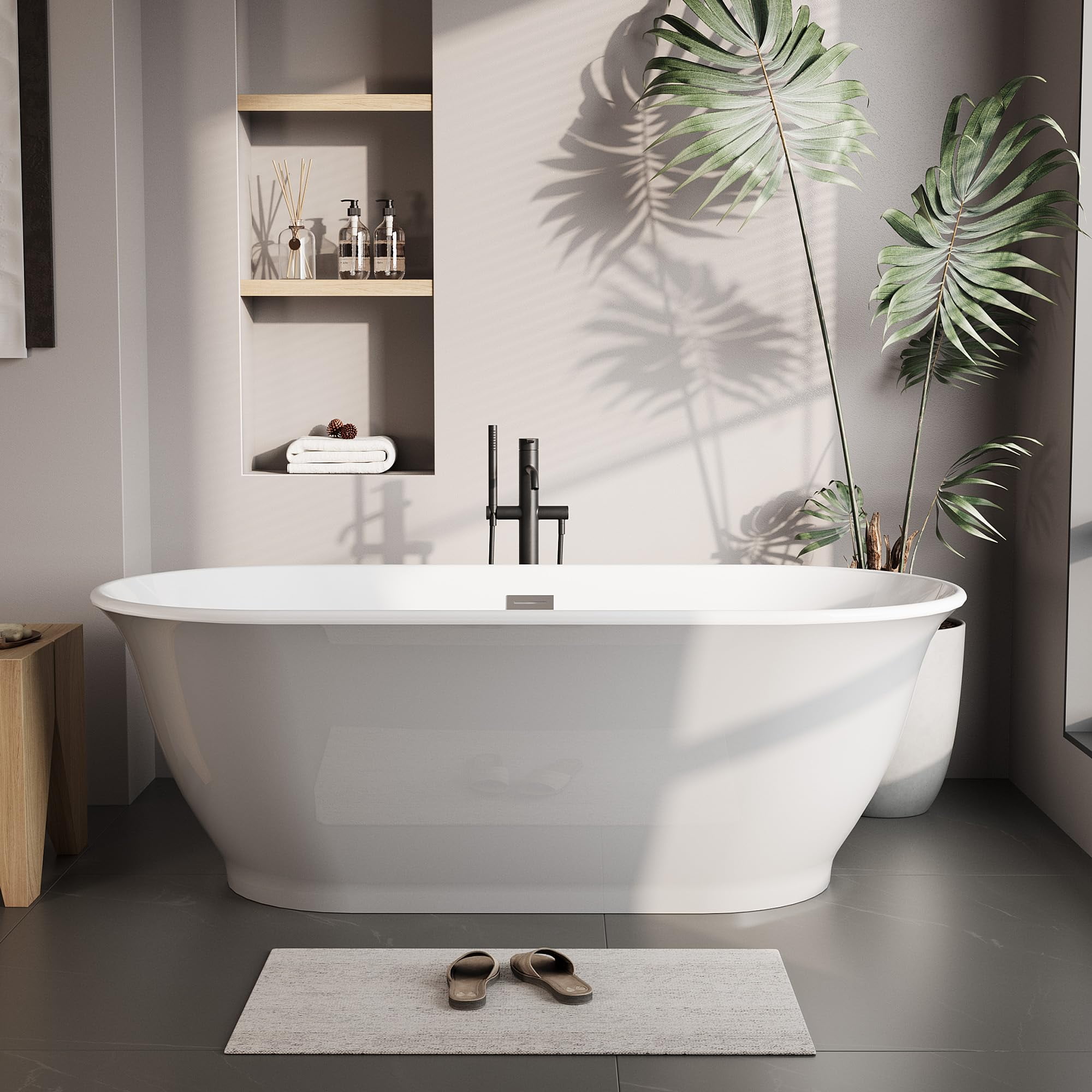 59/67 Inch Freestanding Acrylic Bathtub, Luxury Oval-Shaped Soaking Tub