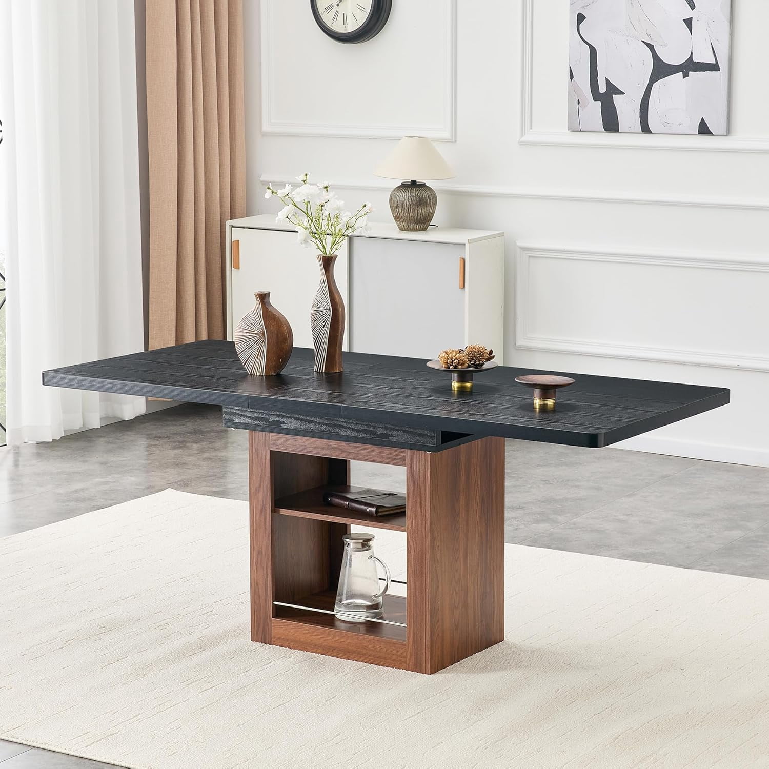 59''-71'' Expandable Dining Table for 4-8 People, Solid Wood Kitchen Table with 2-Tier Storage Shelf, Walnut Wood Base, Modern Rectangle Dining Room Tables for Kitchen, Living Room, Wood