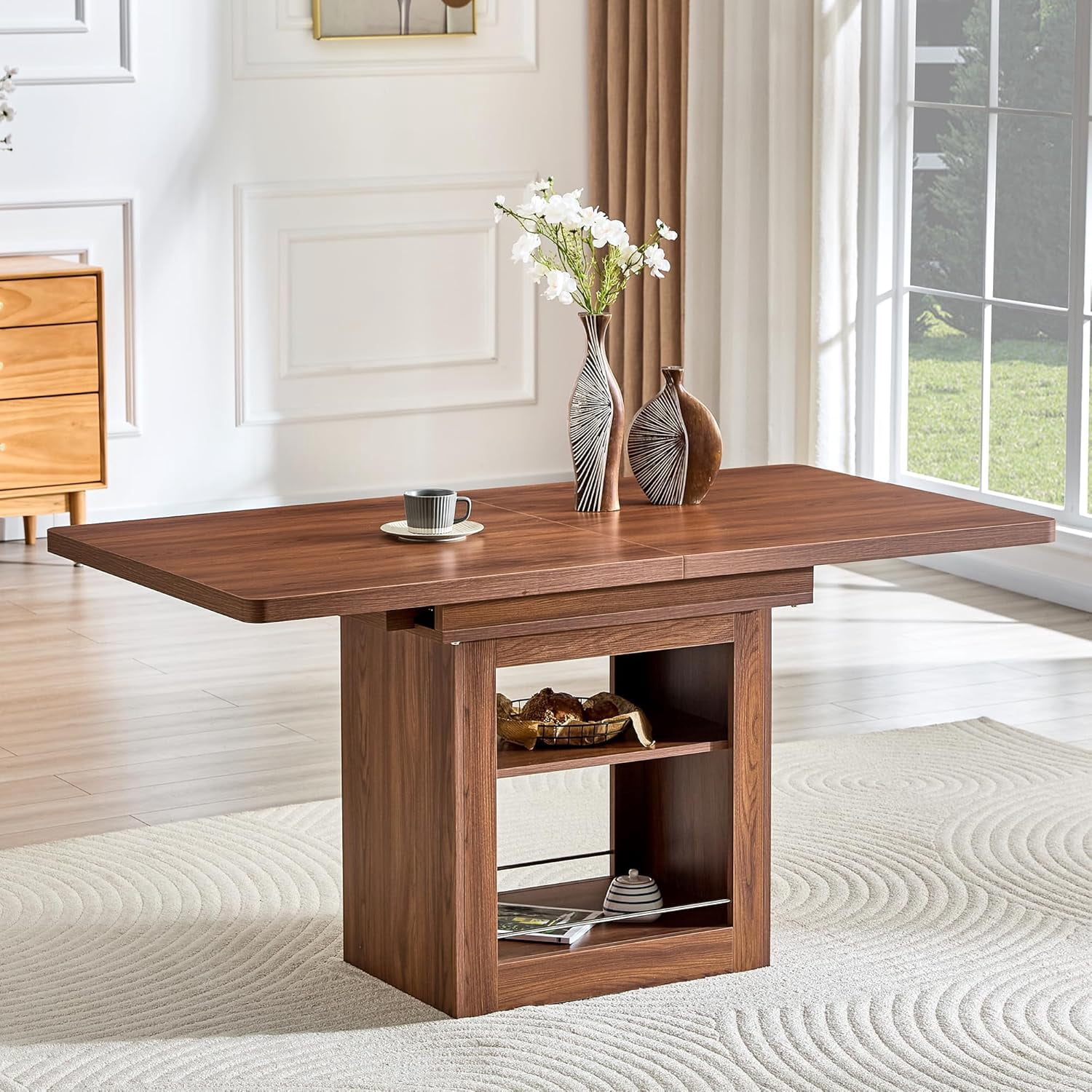 59''-71'' Expandable Dining Table for 4-8 People, Solid Wood Kitchen Table with 2-Tier Storage Shelf, Walnut Wood Base, Modern Rectangle Dining Room Tables for Kitchen, Living Room, Walnut