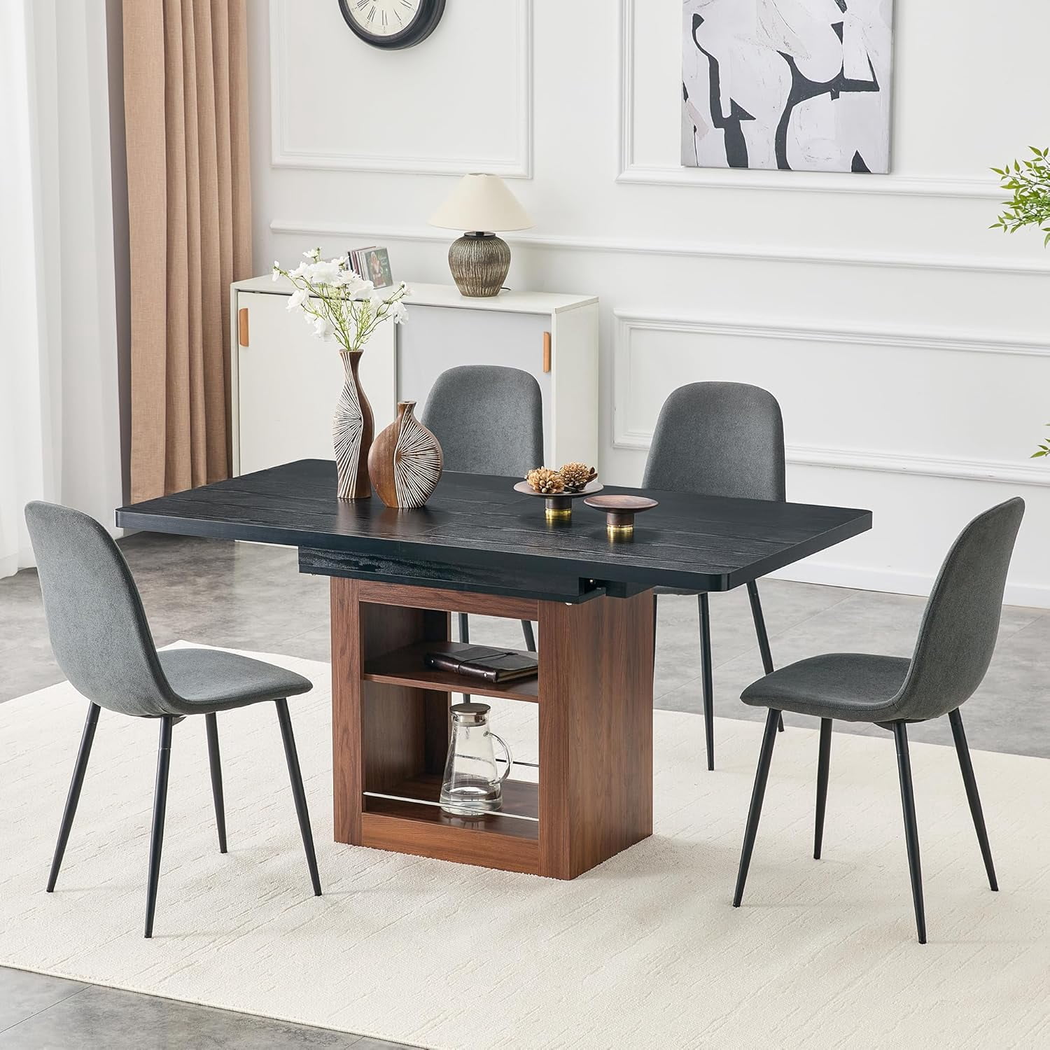 59''-71'' Expandable Dining Table Set for 4-8 People, Balck Solid Wood Kitchen Tables with 4 Dark Gry Leather Chairs, 2-Tier Storage Shelf, Modern Kitchen Table Set for Kitchen, Living Room