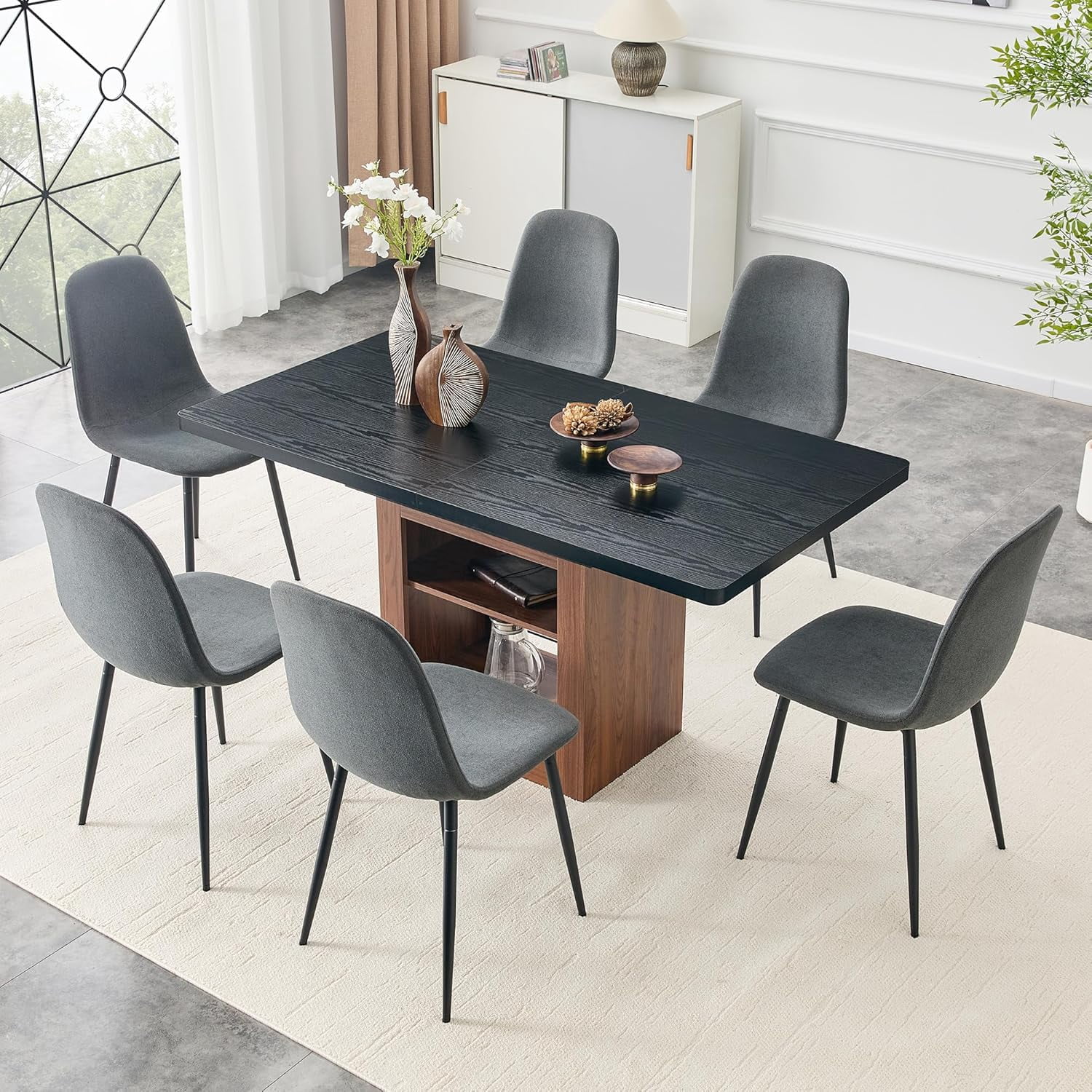 59''-71'' Expandable Dining Table Set for 4-8 People, Black Solid Wood Kitchen Tables with 6 Dark Grey Leather Chairs, 2-Tier Storage Shelf, Modern Kitchen Table Set for Kitchen, Living Room