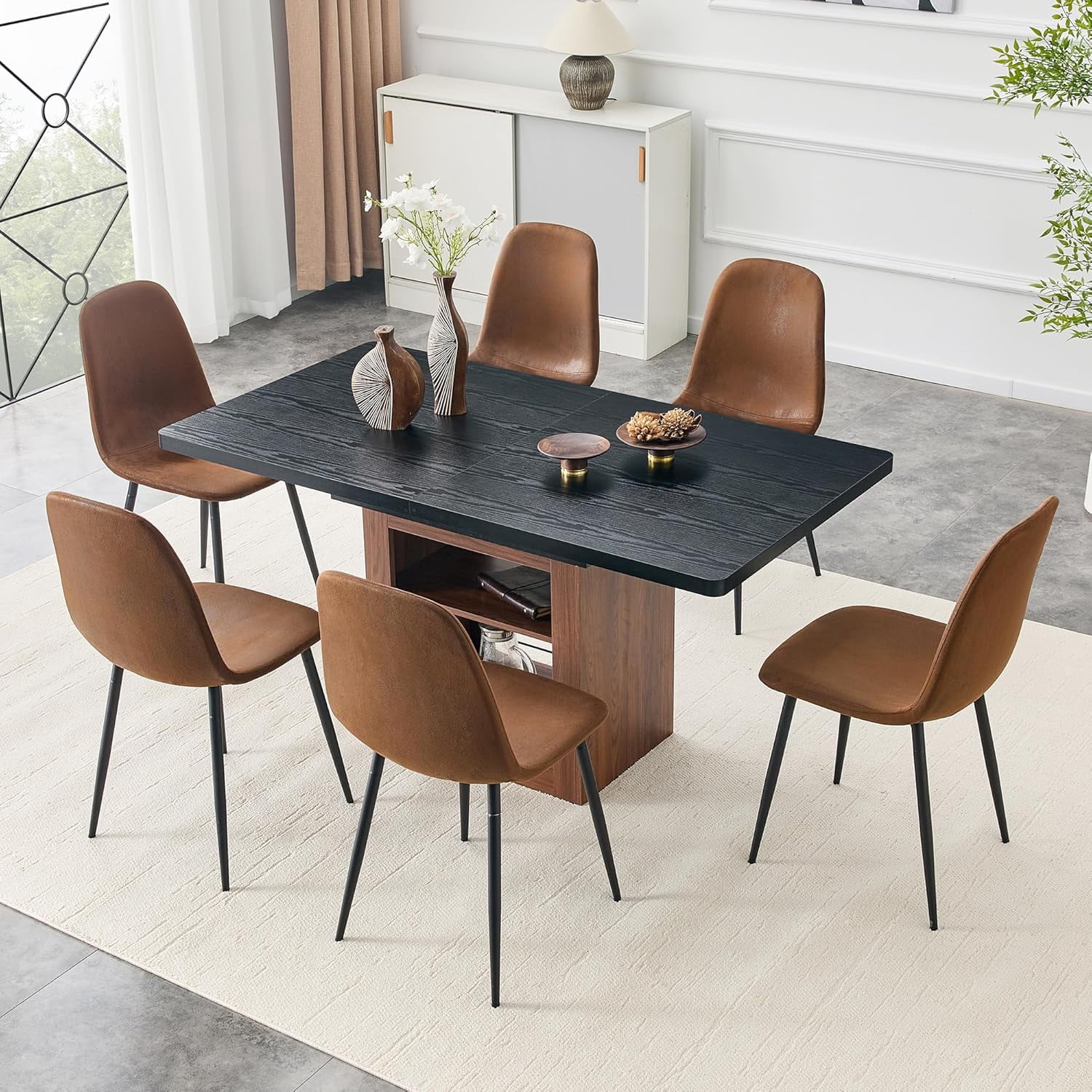 59''-71'' Expandable Dining Table Set for 4-8 People, Black Solid Wood Kitchen Tables with 6 Walnut Leather Chairs, 2-Tier Storage Shelf, Modern Kitchen Table Set for Kitchen, Living Room