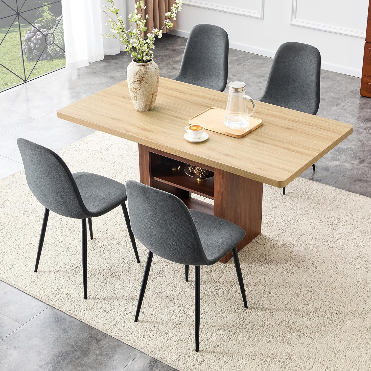59''-71'' Expandable Dining Table Set for 4-8 People, Solid Wood Kitchen Tables with 4 Dark Grey Leather Chairs, 2-Tier Storage Shelf, Modern Kitchen Table Set for Dining Room, Living Room