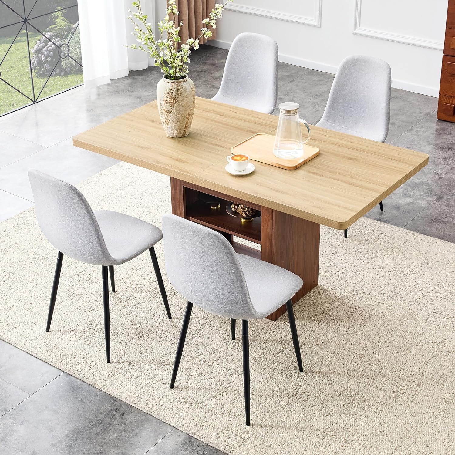 59''-71'' Expandable Dining Table Set for 4-8 People, Solid Wood Kitchen Tables with 4 Light Grey Leather Chairs, 2-Tier Storage Shelf, Modern Kitchen Table Set for Dining Room, Living Room