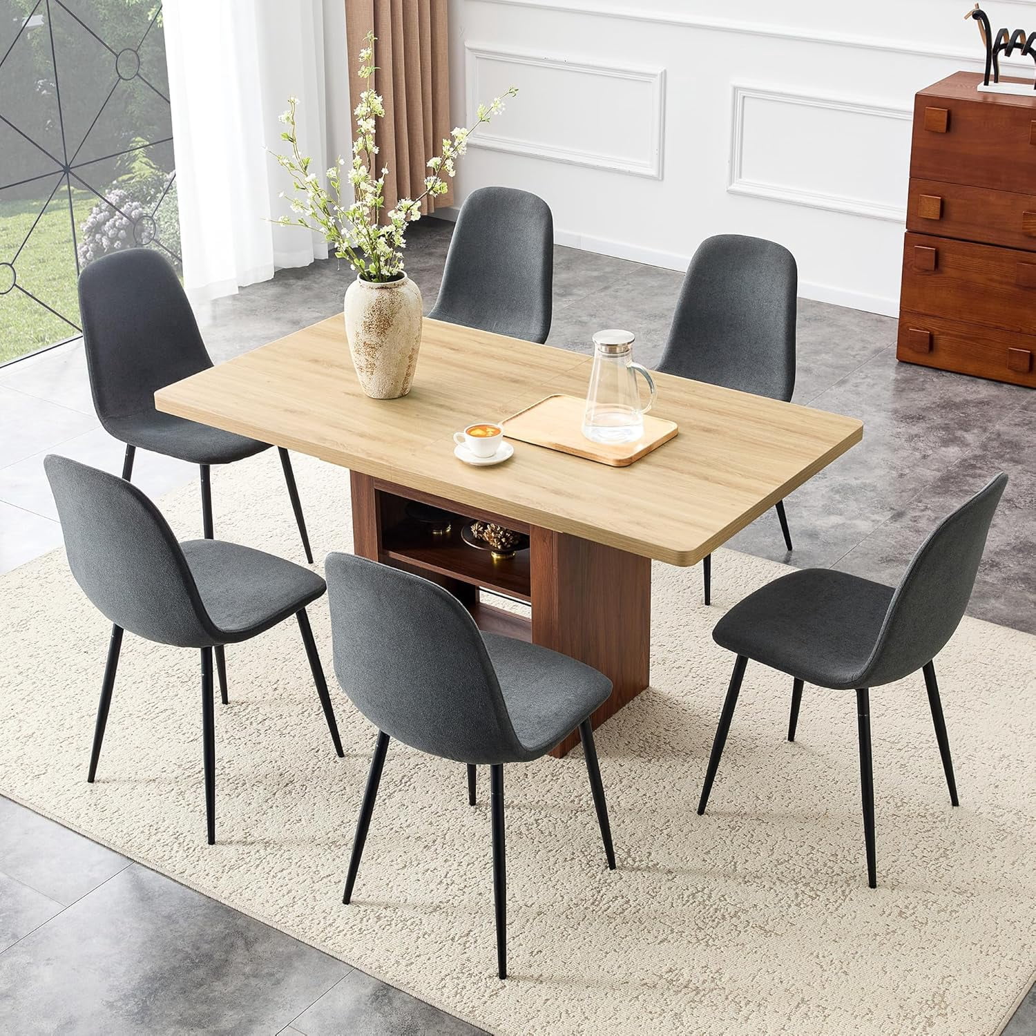 59''-71'' Expandable Dining Table Set for 4-8 People, Solid Wood Kitchen Tables with 6 Dark Grey Leather Chairs, 2-Tier Storage Shelf, Modern Kitchen Table Set for Dining Room, Living Room