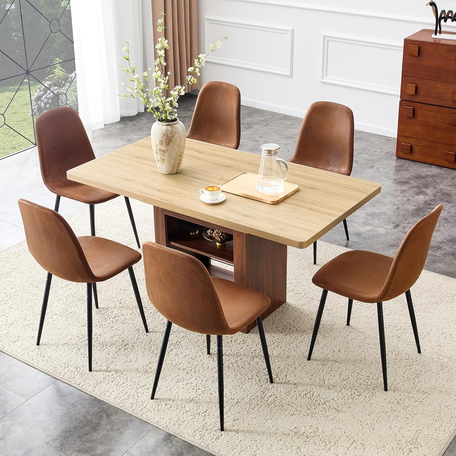 59''-71'' Expandable Dining Table Set for 4-8 People, Solid Wood Kitchen Tables with 6 Walnut Leather Chairs, 2-Tier Storage Shelf, Modern Kitchen Table Set for Dining Room, Living Room