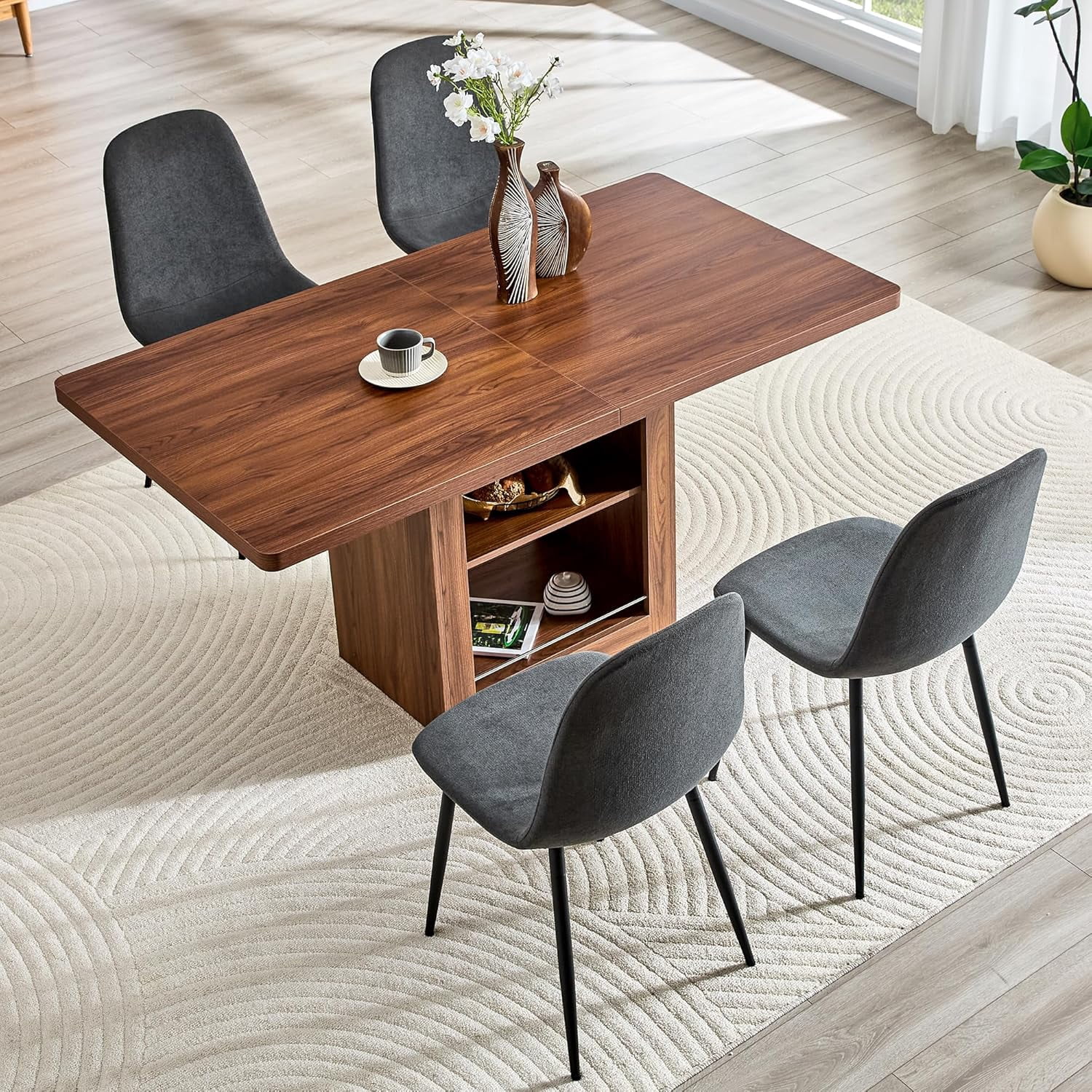 59''-71'' Expandable Dining Table Set for 4-8 People, Walnut Solid Wood Kitchen Tables with 4 Dark Grey Leather Chairs, 2-Tier Storage Shelf, Modern Kitchen Table Set for Kitchen, Living Room