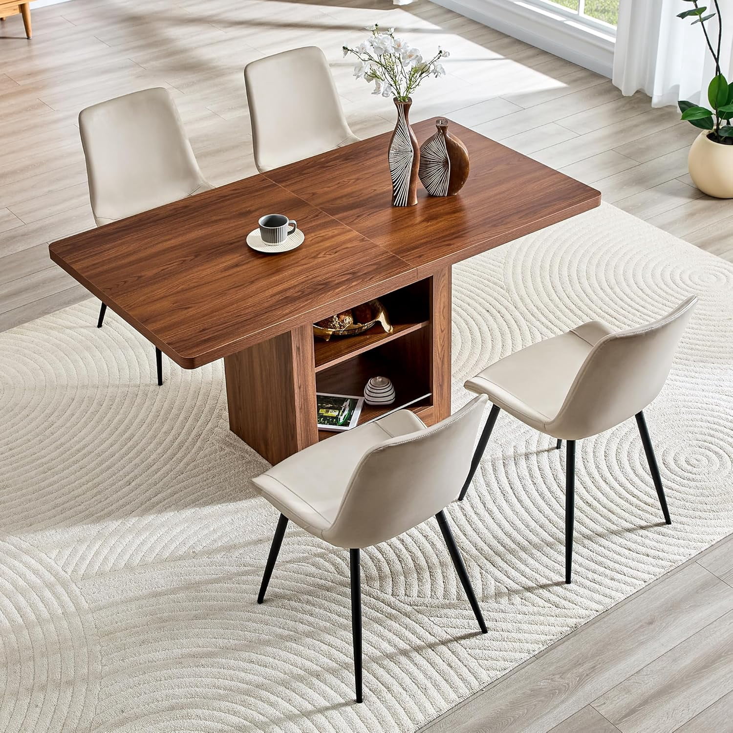 59''-71'' Expandable Dining Table Set for 4-8 People, Walnut Solid Wood Kitchen Tables with 4 Grey Leather Chairs, 2-Tier Storage Shelf, Modern Kitchen Table Set for Dining Room, Living Room