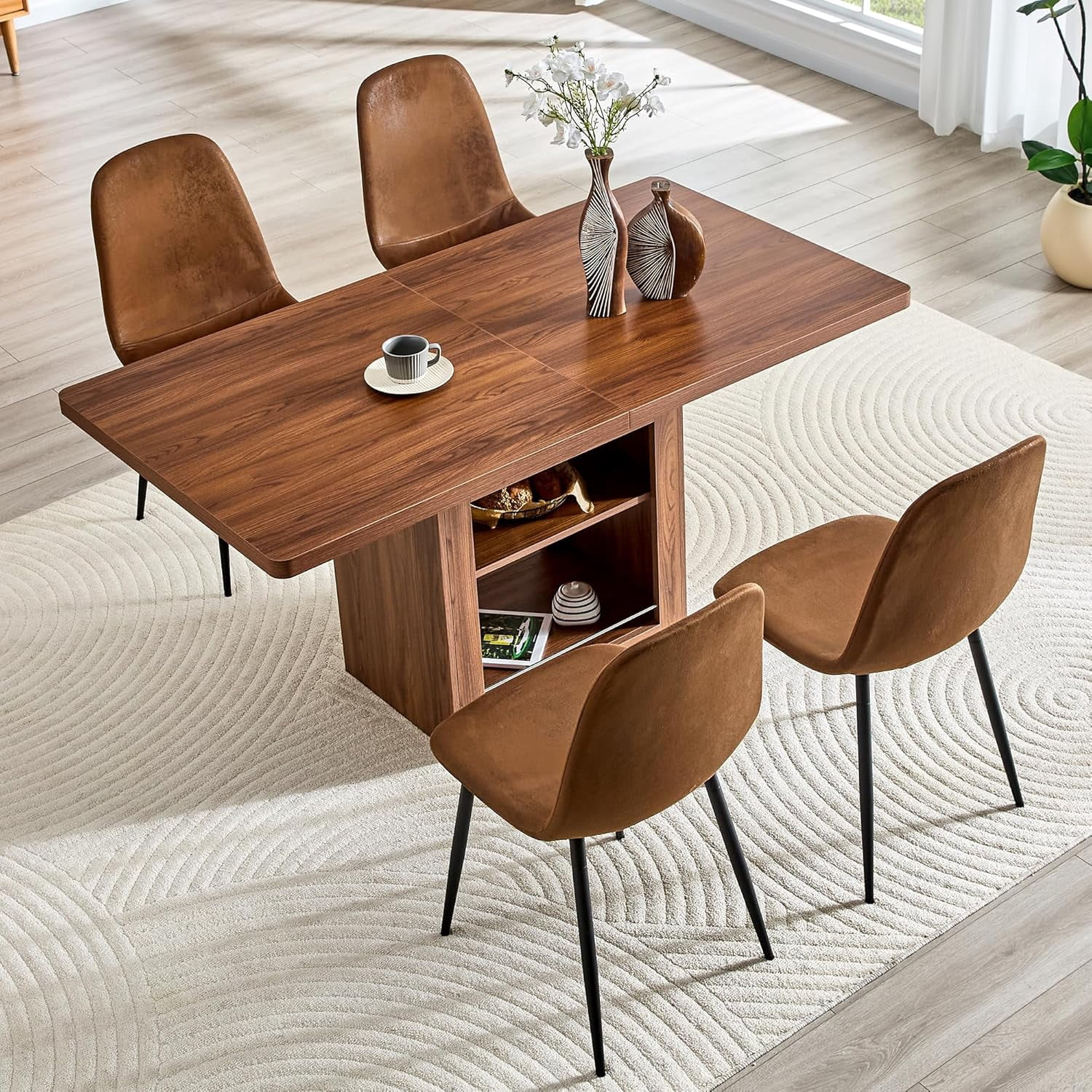 59''-71'' Expandable Dining Table Set for 4-8 People, Walnut Solid Wood Kitchen Tables with 4 Walnut Leather Chairs, 2-Tier Storage Shelf, Modern Kitchen Table Set for Kitchen, Living Room
