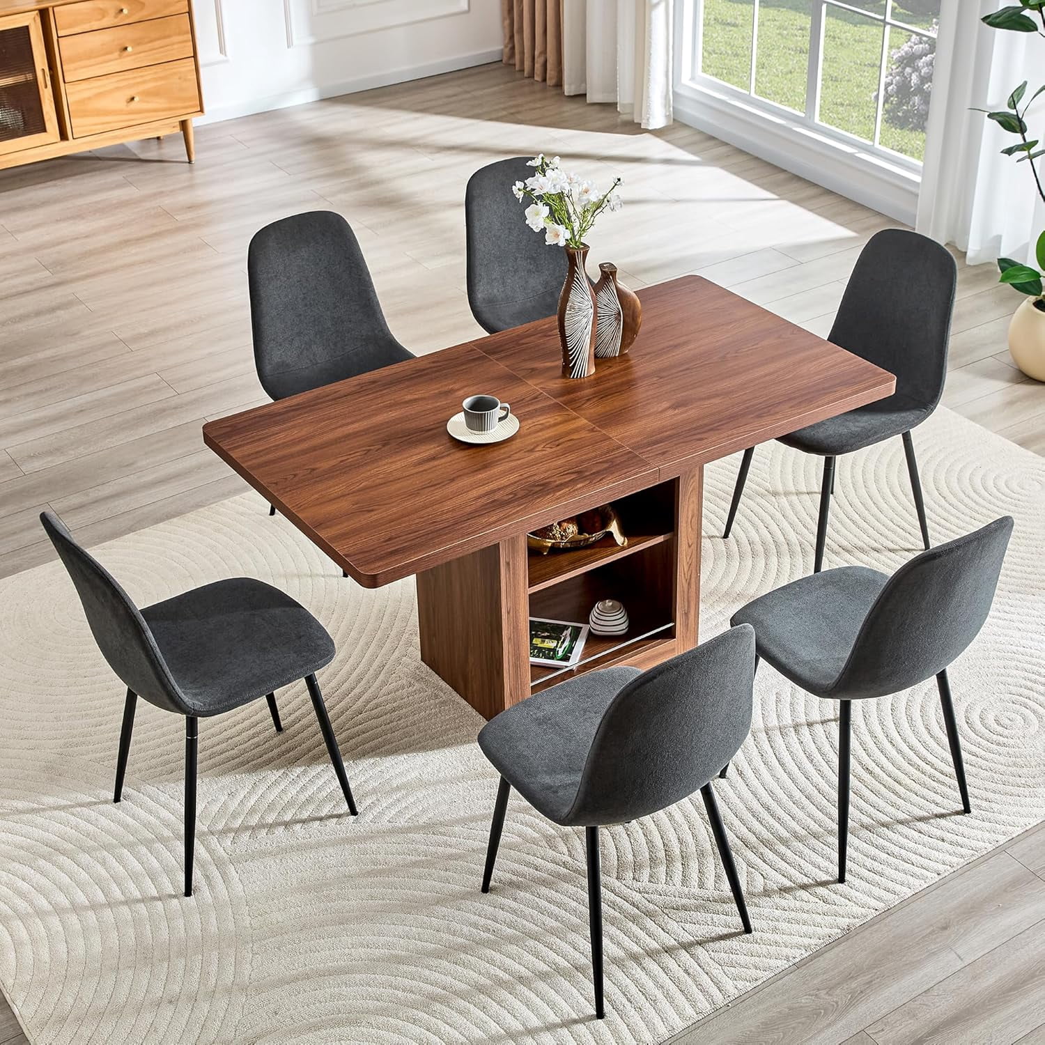 59''-71'' Expandable Dining Table Set for 4-8 People, Walnut Solid Wood Kitchen Tables with 6 Dark Grey Leather Chairs, 2-Tier Storage Shelf, Modern Kitchen Table Set for Kitchen, Living Room