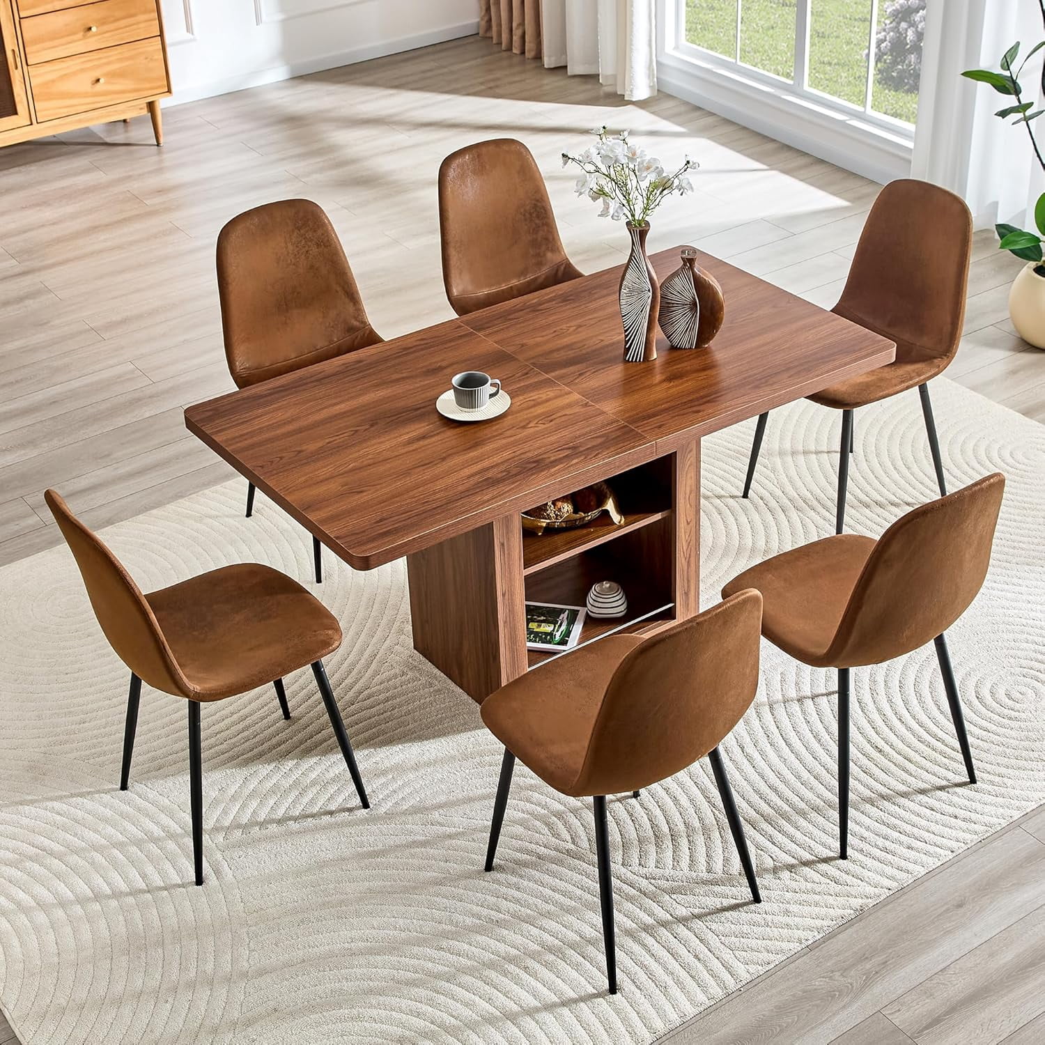 59''-71'' Expandable Dining Table Set for 4-8 People, Walnut Solid Wood Kitchen Tables with 6 Walnut Leather Chairs, 2-Tier Storage Shelf, Modern Kitchen Table Set for Dining Room, Living Room