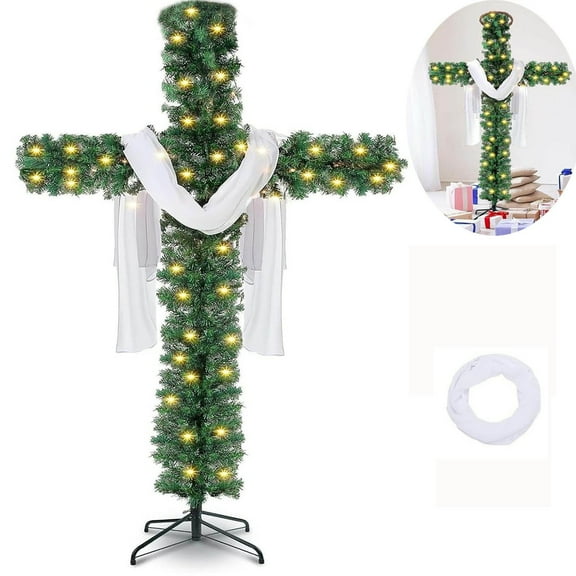 59/71 Inch Foldable Cross Pre-Lit Christmas Tree - LED Lights Silk Scarf & Wood Rattan Ring, Staked Artificial Tree, Weather Resistant Symbolic Holiday Decor, Easy Setup Compact Storage for Indoor