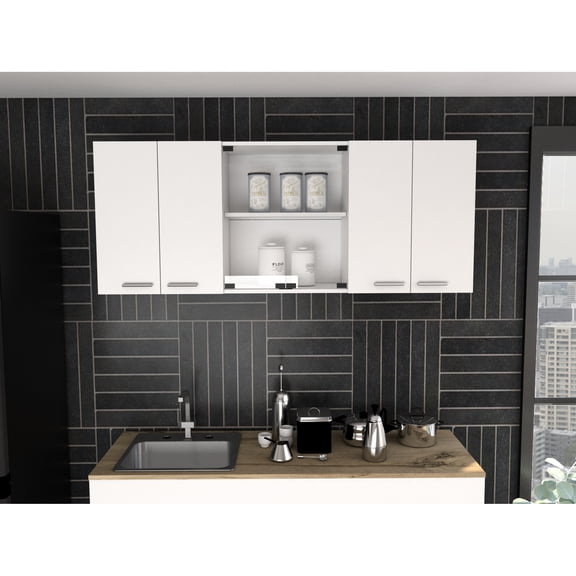 59.73 Inch Wide White Wall Cabinet With 6 Door Panels And Center Glass Rack System Shelving