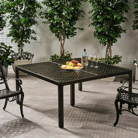59.79" Square Aluminum Outdoor Dining Table, Gloss Black, Woven Accents, Rust , 8 Person Modern Table In Black With Square, Frame For