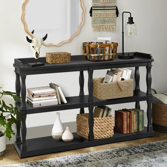 59.8" Accent Console Table, Modern 3-Tier Narrow Storage Table with Roman Column Effect Support Legs, Open Shelves, Sofa Entry Table for Living Room, Entryway, Hallway, Black