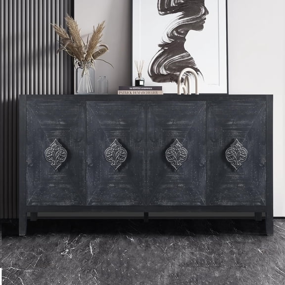 59.8" Black Antique-Style Sideboard Four Doors Buffet Cabinet with Sculpted Floral Handles for Storage in Living Room Kitchen Hall