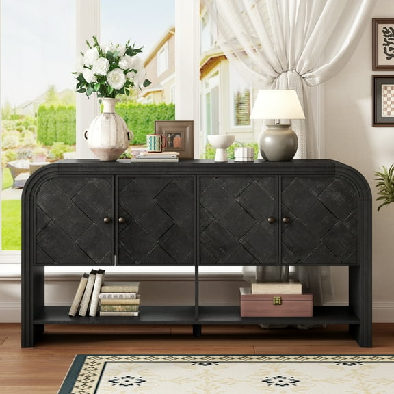 59.8 Inch Console Table with Woven Wood Slats and Storage for Entryway Hallway Living Room Black