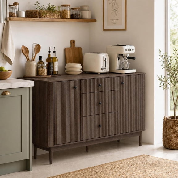 59.8 Inch Sideboard Buffet Cabinet with Drawer, Oval Curved Walnut Storage Cabinet for Dining Room Living Room Entryway Coffee Bar, Black Walnut