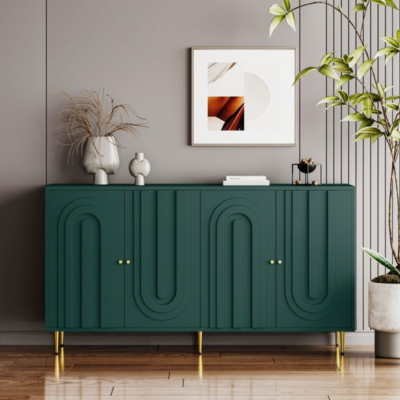 59.8” Modern Green Lacquered Wooden Sideboard - 4-Door Buffet Server Cabinet with Ample Storage, Ideal for Living Room, Dining Room, Entryway, or Office.