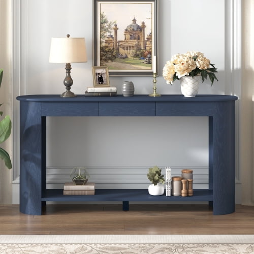 59.8" Modern Oak Veneer Console Table with 3 Drawers & Bottom Shelf, Farmhouse Entryway Table with Semi-Circular Design, Adjustable Leg, for Living Room, Hallway, Foyer, Navy Blue