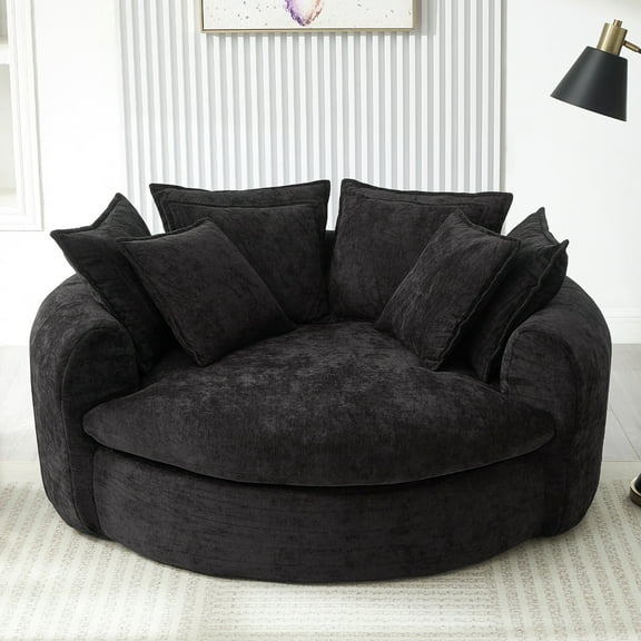 59.8" Round Chaise Sofa with 8 Throw Pillows, Boneless Round Sofa with Upholstered Seat, Chenille Loaf Sofa for Living Room Apartment Dorm, Black