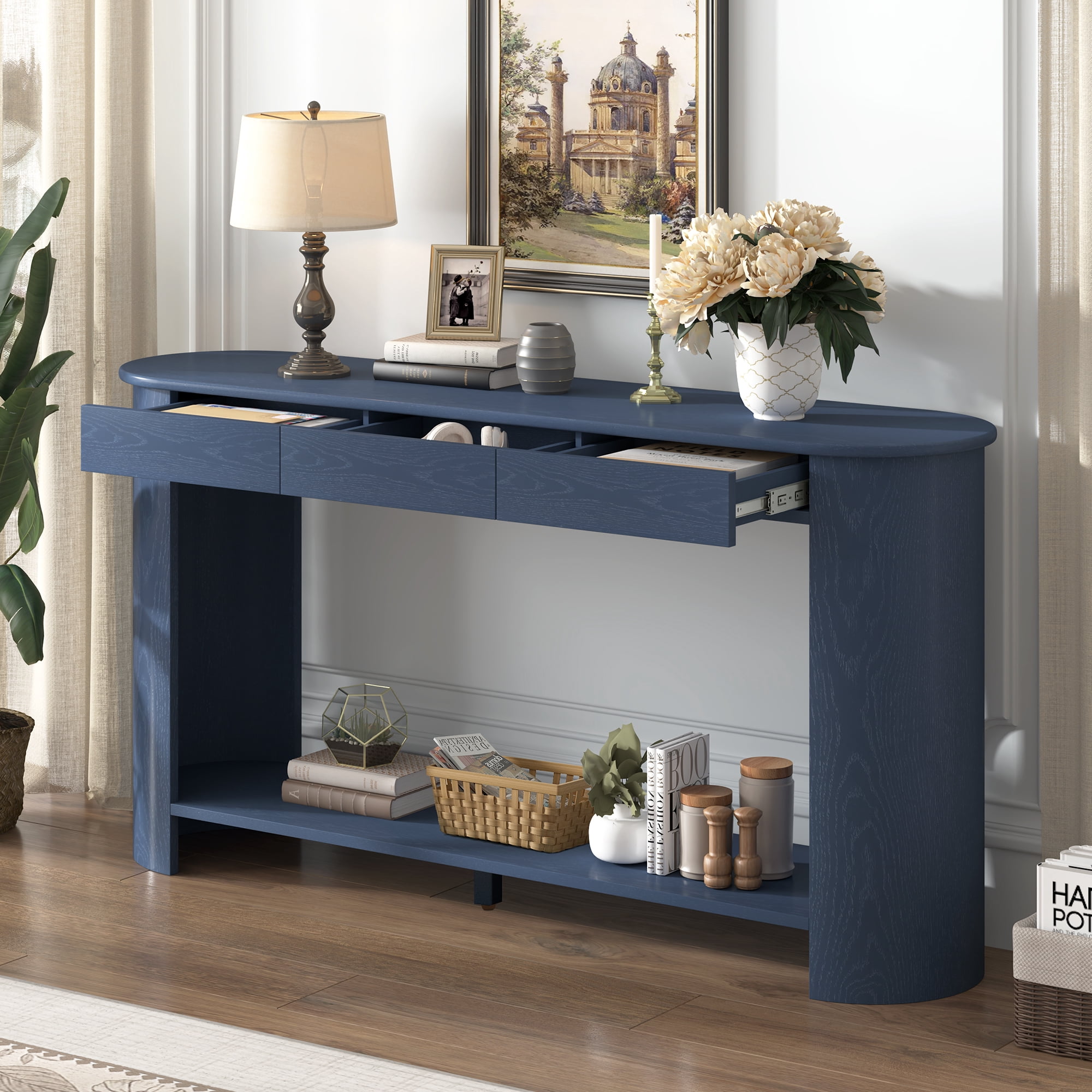 59.8" Veneer Console Table with 3 Drawers ,Farmhouse Entryway Table with Shelf,Wood Sofa Table with Semi-Circular Design, Suitable for Living Room,Hallway,Entryway, Foyer, Corridor